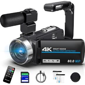 كاميرا فيديو كاميرا فيديو 4K HD 80 ميجابكسل كاميرا Vlogging لـ YouTube ، وكاميرا IR Night Vision 30 إطارًا في الثانية ، و 18 × Zoom 3.0 270 ° IPS Cample مع بطاقة SD ، وبطاريتين ، والتحكم عن بُعد ، ومثبت ، ومثبتة.