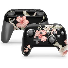 ZOOMHITSKINS Glitter Switch Pro Controller Skin, Compatible for Switch Controller Skin, Black Leaf Flowers Pink Coral Hibiscus Mint, 3M Vinyl Cover, Durable & Fit, Easy to Install, Made in The USA