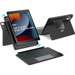 for iPad 9th 8th 7th Generation 10.2 inch, Magnetic Detachable 360° Rotatable Keyboard Case with Large Touch Trackpad, for Portrait & Landscape, Full Protect, 7 Backlits