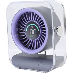 Transparent Desk Fan USB Rechargeable LED Digital Display Portable Table Fan with 3000mAh Battery Strong Airflow for Home Office Plastic (Purple)