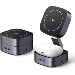 UGREEN 2-in-1 Qi2 Magnetic Foldable Charging Station, Fast Wireless Charger Compatible with iPhone 15 14 13 12, Airpods3 2 Pro (No AC Adapter)