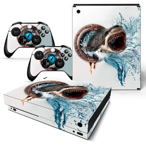 ZOOMHITSKINS Compatible for Xbox One X Skin, Xbox One X Controller Skin and Console Skin, White Shark Attack Fish Predator Ocean Jaws Kipper, Durable & Fit, 3M Vinyl, Easy to Install, Precise Cut-outs