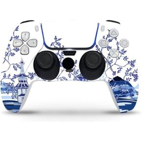 ZOOMHITSKINS Compatible with PS5 Controller Skin, Vinyl for Durable & Fit, Pagoda Blue White Asia Art, Easy to Use, Bubble-free, Precisely Cut