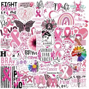 50PCS Prevention of Breast Cancer Awareness Stickers, Pink Ribbon Vinyl Decals Water Bottle for Laptops, Bikes, Gifts for The People Care About Women