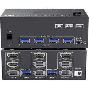 KVM Switch 3 Monitors 2 Computers 8K@60Hz 4K@144Hz 2 Displayport HDMI USB 3.0 KVM Switch Triple Monitor with 4 USB Port(EU Plug)