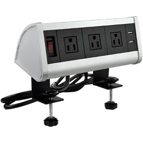 Table Edge Mount Power Strip Desk Clamp Power Sockets with 3 AC Power + 2 USB Charger +1 Switch for for Home Office Hotel (Silver)