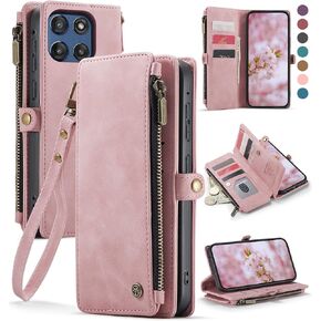 Defencase Compatible with Moto G Stylus - 2025 Case, RFID Blocking Wallet Case for Motorola Moto G Stylus 5G 2025 PU Leather Flip Strap Zipper Card Holder Phone Cases for Women and Men, Rose Pink