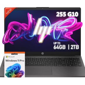 HP 255 G10 Laptop for Home or Work – Speed 6-Core Ryzen 5 (Turbo Up to 4.5 GHz), 32GB RAM, 1TB SSD, 15.6" Full HD, USB-C, Wi-Fi 6, Windows 11 Pro & WOWPC Recovery USB – Business and Fun Ready