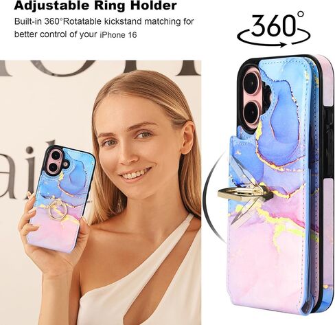 HAOPINSH for iPhone 16 Wallet Case with Card Holder, 360°Rotation Ring Kickstand, Pink Blue Marble Pattern, RFID Blocking Leather for Girls Women, Double Buttons Protective Cover 6.1" in Saudi Arabia