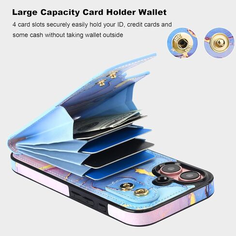 HAOPINSH for iPhone 16 Wallet Case with Card Holder, 360°Rotation Ring Kickstand, Pink Blue Marble Pattern, RFID Blocking Leather for Girls Women, Double Buttons Protective Cover 6.1" in Saudi Arabia