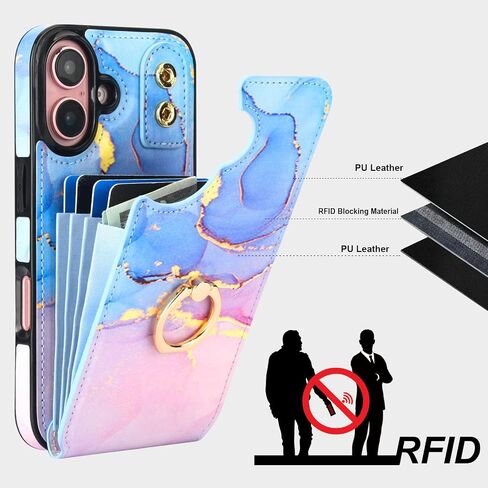 HAOPINSH for iPhone 16 Wallet Case with Card Holder, 360°Rotation Ring Kickstand, Pink Blue Marble Pattern, RFID Blocking Leather for Girls Women, Double Buttons Protective Cover 6.1" in Saudi Arabia