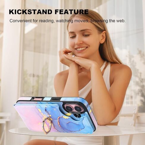 HAOPINSH for iPhone 16 Wallet Case with Card Holder, 360°Rotation Ring Kickstand, Pink Blue Marble Pattern, RFID Blocking Leather for Girls Women, Double Buttons Protective Cover 6.1" in Saudi Arabia