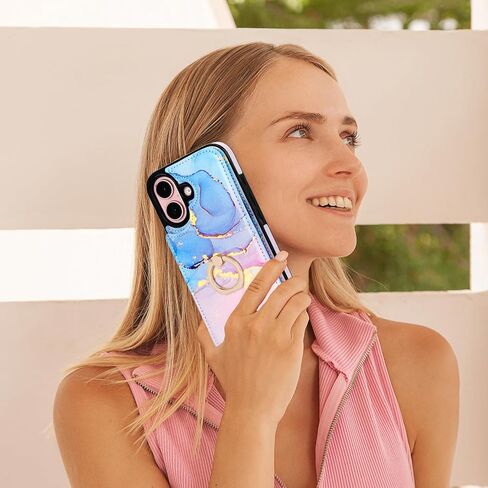 HAOPINSH for iPhone 16 Wallet Case with Card Holder, 360°Rotation Ring Kickstand, Pink Blue Marble Pattern, RFID Blocking Leather for Girls Women, Double Buttons Protective Cover 6.1" in Saudi Arabia