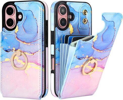 HAOPINSH for iPhone 16 Wallet Case with Card Holder, 360°Rotation Ring Kickstand, Pink Blue Marble Pattern, RFID Blocking Leather for Girls Women, Double Buttons Protective Cover 6.1" in Saudi Arabia