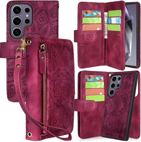 Harryshell Compatible with Samsung Galaxy S25 Ultra Wallet Detachable Magnetic Phone Case Wireless Charging [RFID Blocking] Card Slots, Cash Zipper Pocket Wrist Strap 6.9" (Floral Blue Green) in Saudi Arabia