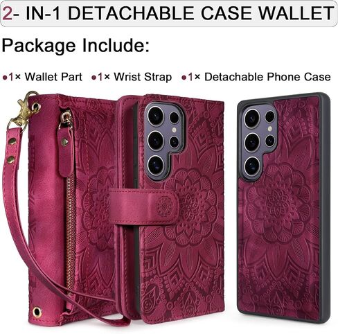 Harryshell Compatible with Samsung Galaxy S25 Ultra Wallet Detachable Magnetic Phone Case Wireless Charging [RFID Blocking] Card Slots, Cash Zipper Pocket Wrist Strap 6.9" (Floral Blue Green) in Saudi Arabia