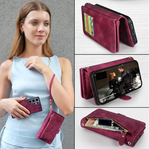 Harryshell Compatible with Samsung Galaxy S25 Ultra Wallet Detachable Magnetic Phone Case Wireless Charging [RFID Blocking] Card Slots, Cash Zipper Pocket Wrist Strap 6.9" (Floral Blue Green) in Saudi Arabia