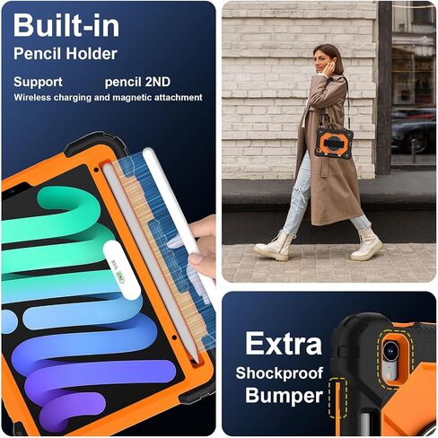 Anti-yellowing tablet cover Rugged Case Compatible with iPad Mini 6th Generation 2021,Heavy Duty Protective Cover with Adjustable Stand, Shoulder Strap & Pencil Holder,Kids-Friendly Tablet Case Stylus in Kuwait