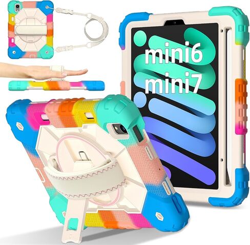 Anti-yellowing tablet cover Rugged Case Compatible with iPad Mini 6th Generation 2021,Heavy Duty Protective Cover with Adjustable Stand, Shoulder Strap & Pencil Holder,Kids-Friendly Tablet Case Stylus in Kuwait