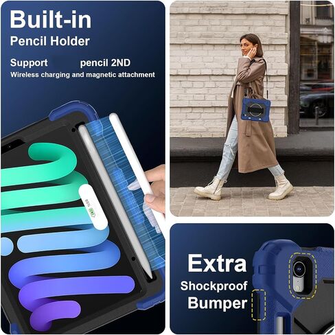 Anti-yellowing tablet cover Rugged Case Compatible with iPad Mini 7th Generation 2024,Heavy Duty Protective Cover with Adjustable Stand, Shoulder Strap & Pencil Holder | Kids-Friendly Stylus pen holde in Kuwait