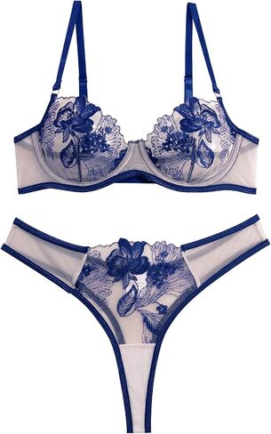 Lilosy Women Sexy Floral EmbroideYellow Mesh Sheer Underwire Push Up Lingerie Set See Through Bra and Panty 2 Piece Flower Black and Yellow Small in Saudi Arabia