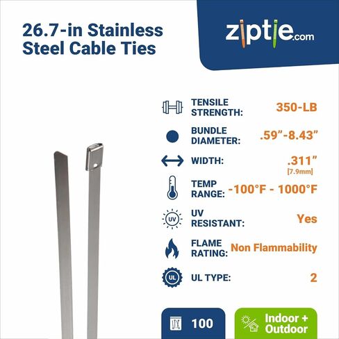 14-inch UV Resistant Stainless Steel Cable Tie, 350-lb Tensile Strength, UL 2 Listed, 100-Pack in Kuwait