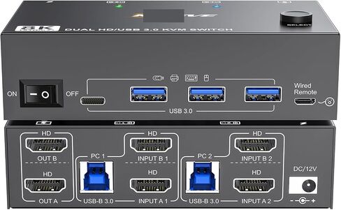 KVM Switch 2 Computers 2 شاشات مزدوجة Monitor USB3.0 HDMI HD الدقة KVM Switcher Copy وشاشة ممتدة مع EDID (202As مع EDID) in Kuwait