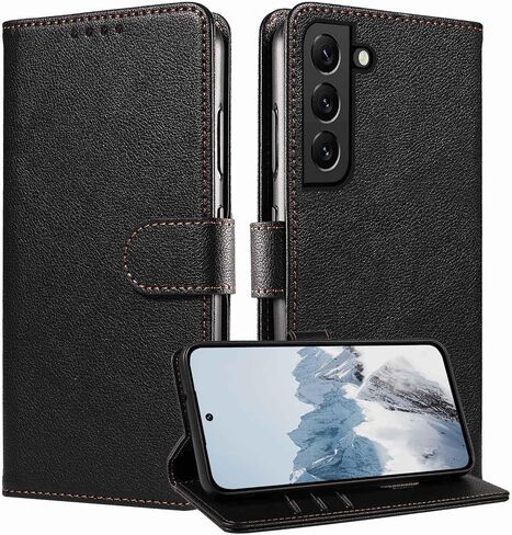 JanCalm for Samsung Galaxy S22 Case Wallet,RFID Blocking Phone Flip Cases,[Card Holder/Cash Slots] [Kickstand] Magnetic Clasp Leather Protective Folio Cover (Black) in Kuwait