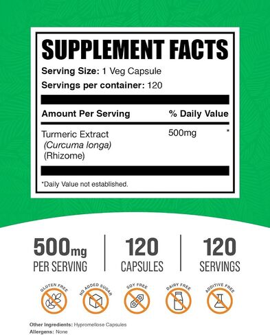 BulkSupplements.com Turmeric 500mg Extract Capsules - Curcumin Supplements, Turmeric Curcumin Capsules - Gluten Free, 1 Capsule per Serving, 120 Veg Capsules (Pack of 1) in Saudi Arabia