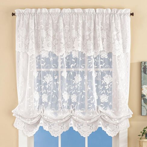 Collections Etc Floral Sheer Lace Tie-up Balloon Shade Window Curtain with Scalloped Edges and Rod Pocket Top for Easy Hanging, White in Kuwait