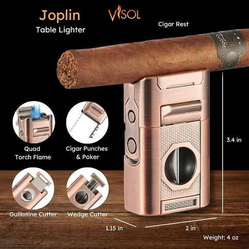 Personalized Visol Joplin Quad Torch Multi-Tool Table Lighter, Built in Guillotine and Wedge Cutters, Butane Refillable Adjustable Flame Lighter (Shipped without Butane) with Free Engraving (Gunmetal) in Kuwait