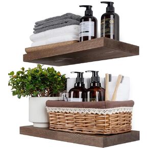 BGMG Floating Shelves 16 inch Long, Distressed,Wide Rustic Wooden Wall Shelves for Bathroom Living Room Bedroom Kitchen Farmhouse Set of 2-16x6.7x1.25 inch-Distressed Walnut in Kuwait