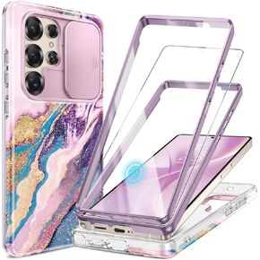 GVIEWIN for Samsung Galaxy S25 Ultra Case, [Slide Camera Cover & Built-in HD Screen Protector] [2 Front Frames] Shockproof Military Grade Protective Marble Phone Case 6.9" (Quicksand/Purple)