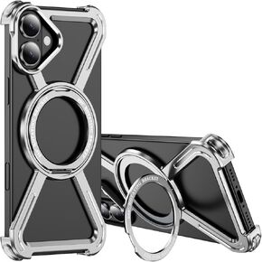 Skeleton Case for iPhone 16 Plus Titanium Style Military-Grade Drop Protection 360° Rotating Kickstand Ring Grip Compatible with Quick Charge Bumper for Apple iPhone 16 Plus. JJ Black