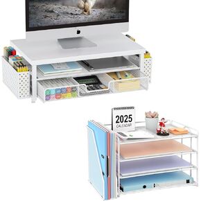 gianotter 4-Tier Paper Organizer + Monitor Stand with Storage (White)