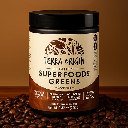 Greens Powder Immune Defense and Digestive Support | Probiotics, Organic Vegetables, Digestive Enzymes | Non-GMO, Gluten-Free, Vegan | Three 30 Serving tubs | Coffee Flavor in Kuwait