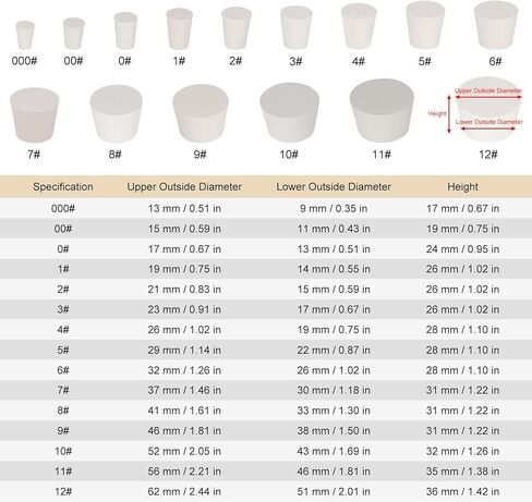 5PK 8# سدادات مطاطية صلبة - الحجم: زجاجة 1.30 بوصة، الجزء العلوي 1.61 بوصة، الطول 1.22 بوصة - سدادات مطاطية بيضاء مدببة ذات ختم مختبري in Saudi Arabia