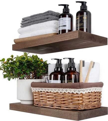 BGMG Floating Shelves 16 inch Long, Distressed,Wide Rustic Wooden Wall Shelves for Bathroom Living Room Bedroom Kitchen Farmhouse Set of 2-16x6.7x1.25 inch-Distressed Walnut in Kuwait