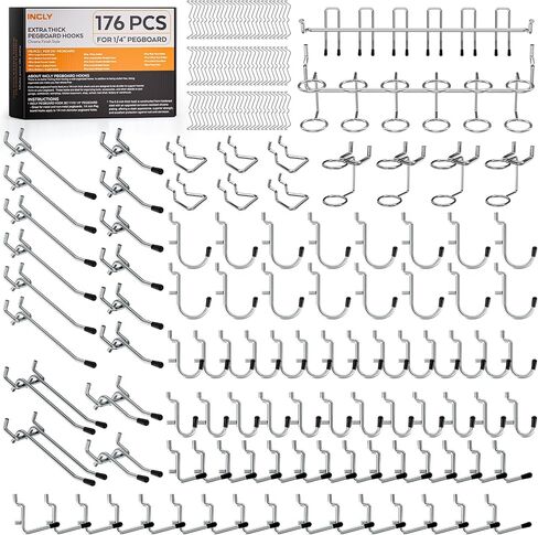 INCLY 176PCS Extra Thick Black Pegboard Hooks Set, 1/4" Heavy Duty Metal Peg Board Hook Assortment with Peg Lock Pegboard Accessories for Garage Wall Organizer Hanging Tools in Saudi Arabia