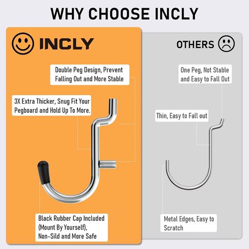 INCLY 176PCS Extra Thick Black Pegboard Hooks Set, 1/4" Heavy Duty Metal Peg Board Hook Assortment with Peg Lock Pegboard Accessories for Garage Wall Organizer Hanging Tools in Saudi Arabia