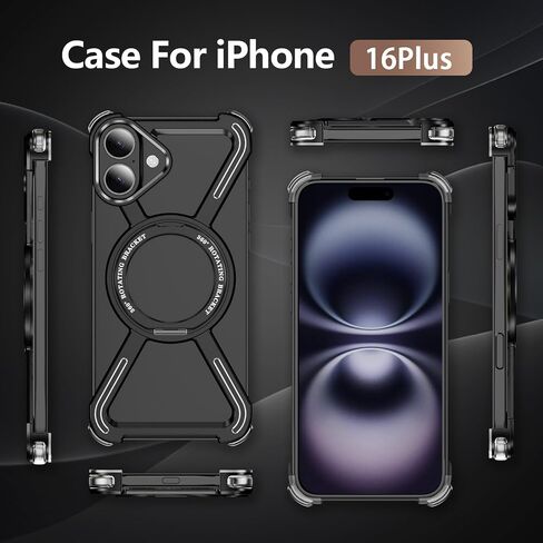 حالة الهيكل العظمي لـ iPhone 16 Plus على طراز Titanium Military Droce Drop Protect 360 ° Rigating Ring Grip متوافق مع مصد سريع لشحن Apple iPhone 16 Plus. JJ الأسود in Kuwait
