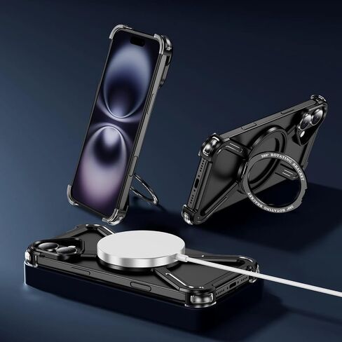 حالة الهيكل العظمي لـ iPhone 16 Plus على طراز Titanium Military Droce Drop Protect 360 ° Rigating Ring Grip متوافق مع مصد سريع لشحن Apple iPhone 16 Plus. JJ الأسود in Kuwait