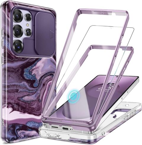 GVIEWIN for Samsung Galaxy S25 Ultra Case, [Slide Camera Cover & Built-in HD Screen Protector] [2 Front Frames] Shockproof Military Grade Protective Marble Phone Case 6.9" (Quicksand/Purple) in Kuwait