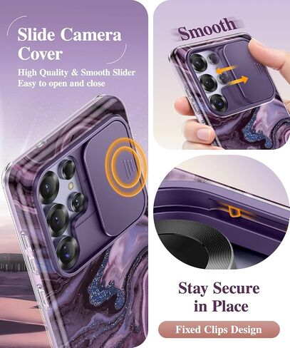 GVIEWIN for Samsung Galaxy S25 Ultra Case, [Slide Camera Cover & Built-in HD Screen Protector] [2 Front Frames] Shockproof Military Grade Protective Marble Phone Case 6.9" (Quicksand/Purple) in Kuwait
