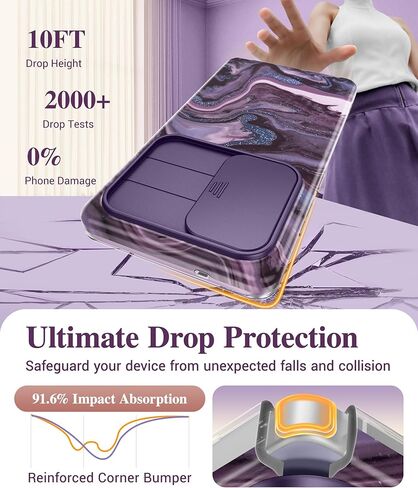 GVIEWIN for Samsung Galaxy S25 Ultra Case, [Slide Camera Cover & Built-in HD Screen Protector] [2 Front Frames] Shockproof Military Grade Protective Marble Phone Case 6.9" (Quicksand/Purple) in Kuwait