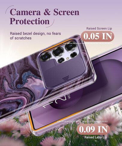 GVIEWIN for Samsung Galaxy S25 Ultra Case, [Slide Camera Cover & Built-in HD Screen Protector] [2 Front Frames] Shockproof Military Grade Protective Marble Phone Case 6.9" (Quicksand/Purple) in Kuwait