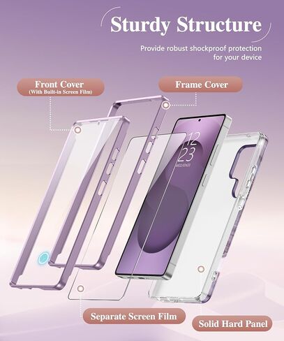 GVIEWIN for Samsung Galaxy S25 Ultra Case, [Slide Camera Cover & Built-in HD Screen Protector] [2 Front Frames] Shockproof Military Grade Protective Marble Phone Case 6.9" (Quicksand/Purple) in Kuwait