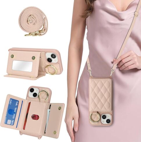 for iPhone 13 Phone Case with Card Holder and Strap for Women, Crossbody Bag with Ring Stand Make Up Mirror Wallet Case for Apple13 Purse - Black in Kuwait