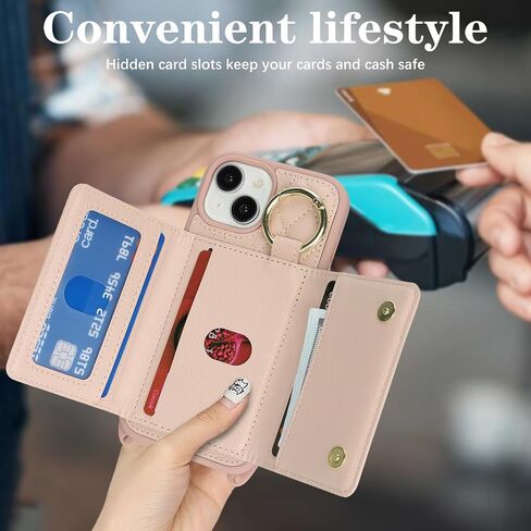 for iPhone 13 Phone Case with Card Holder and Strap for Women, Crossbody Bag with Ring Stand Make Up Mirror Wallet Case for Apple13 Purse - Black in Kuwait
