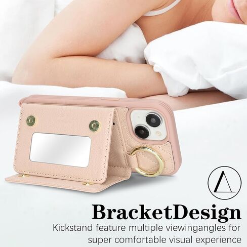 for iPhone 13 Phone Case with Card Holder and Strap for Women, Crossbody Bag with Ring Stand Make Up Mirror Wallet Case for Apple13 Purse - Black in Kuwait